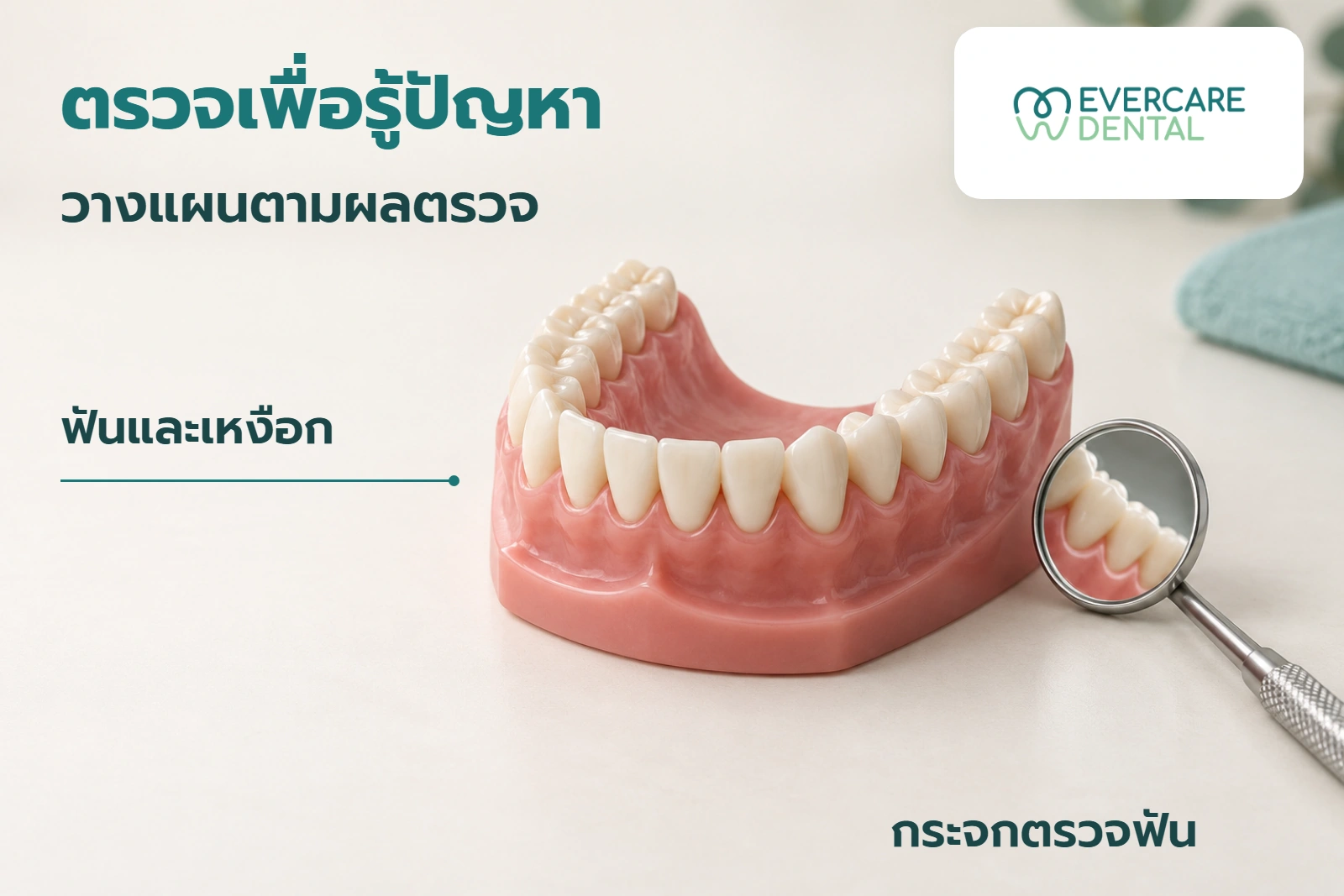 แบบจำลองฟันและเหงือกกับกระจกตรวจที่สร้างด้วย AI ประกอบการตรวจประเมินก่อนวางแผน ไม่ใช่ผลตรวจจริง